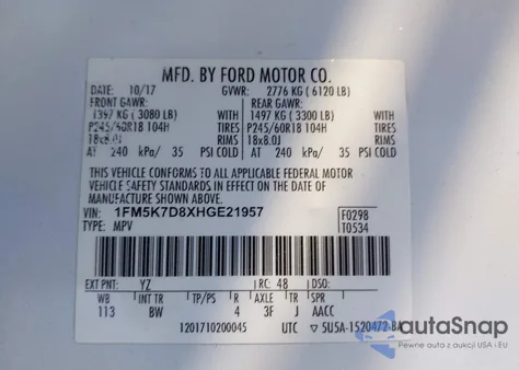 2017 Ford Explorer Xlt из США, поврежденный, VIN 1FM5K7D8XHGE21957